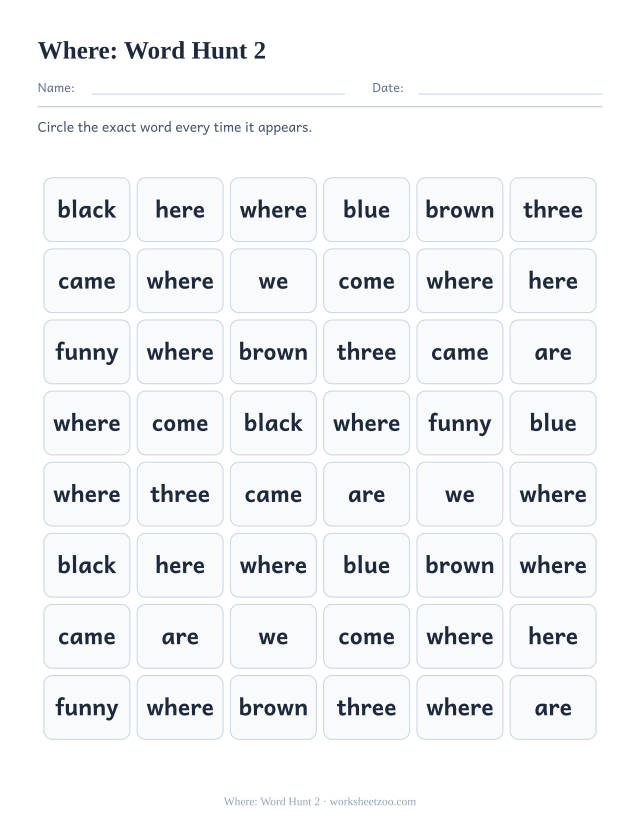 Sight word “where” worksheet, word hunt 2 printable activity
