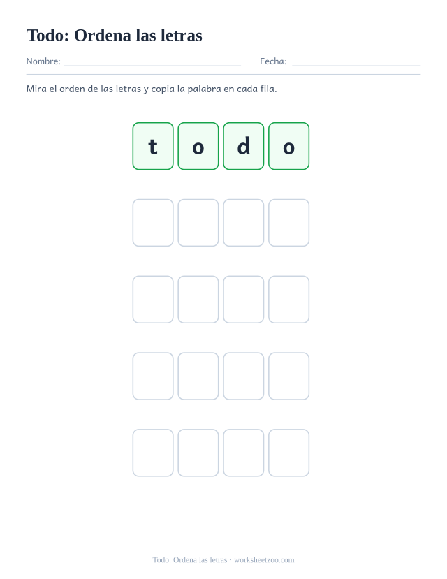 Ficha de la palabra frecuente «todo», ordena las letras para imprimir