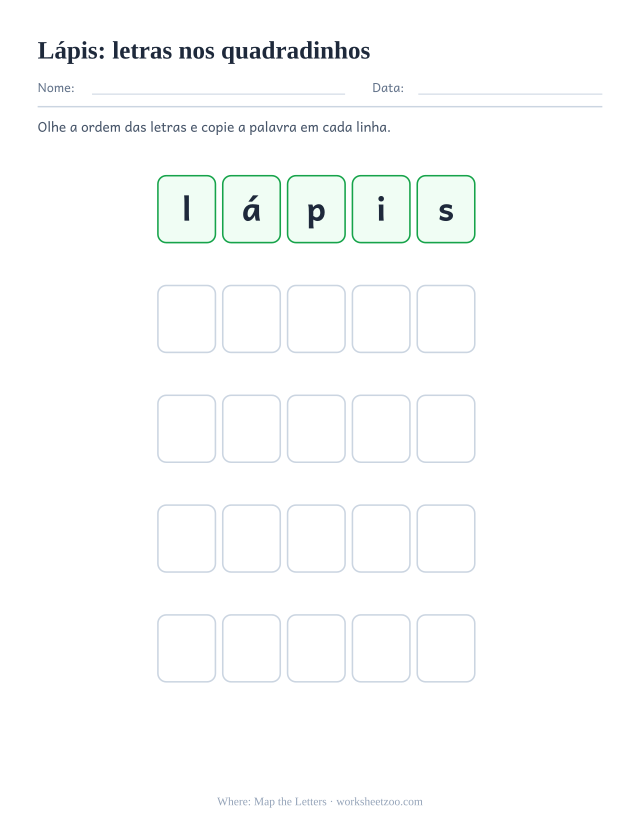 Prévia da palavra frequente “lápis”, letras nos quadradinhos