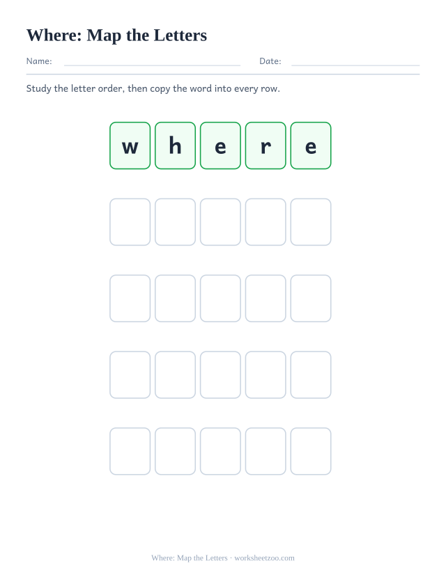 Sight word “where” worksheet, map the letters printable activity