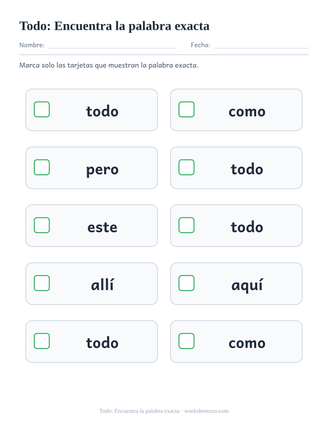 Ficha de la palabra frecuente «todo», encuentra la palabra exacta para imprimir