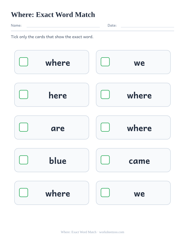 Sight word “where” worksheet, exact word match printable activity