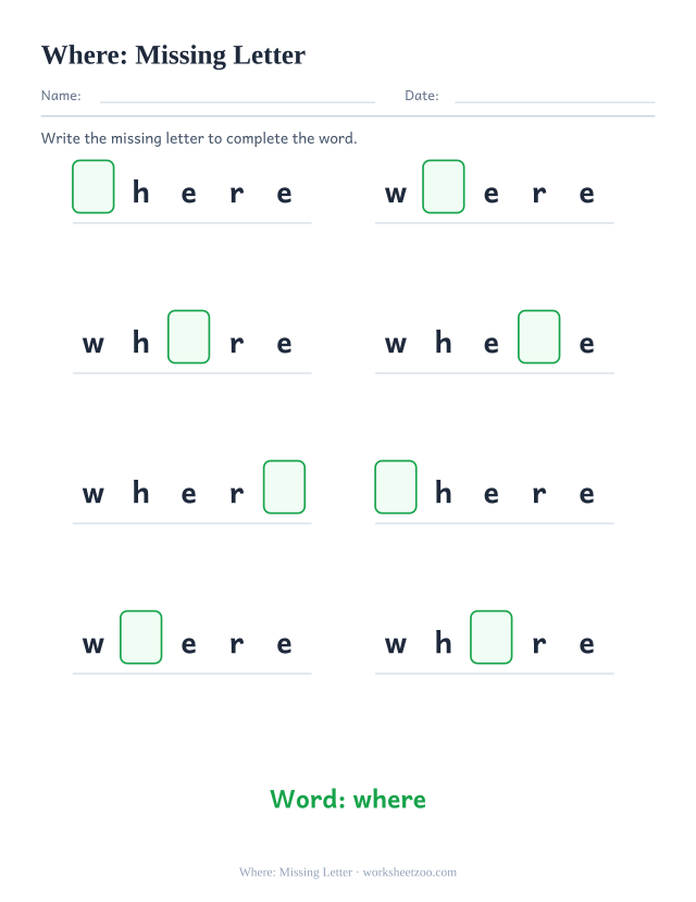 Sight word “where” worksheet, missing letter printable activity