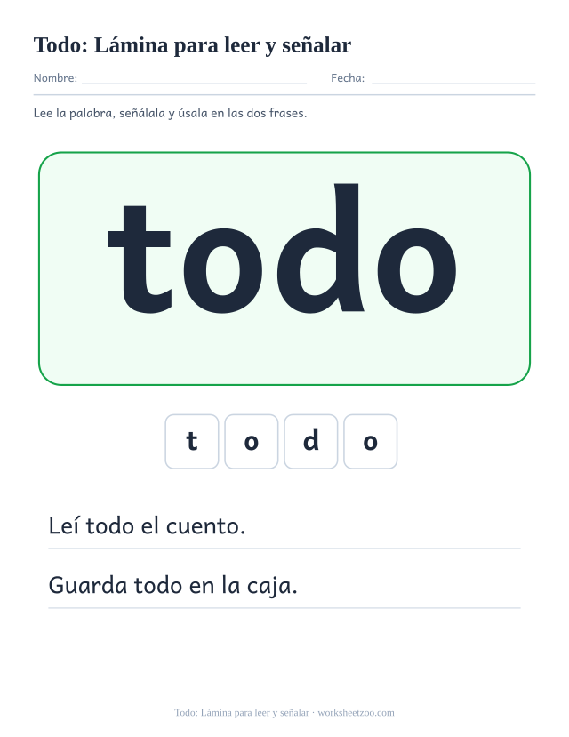 Ficha de la palabra frecuente «todo», lámina para leer y señalar para imprimir