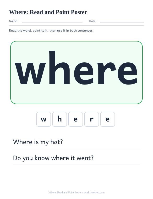 Sight word “where” worksheet, read and point poster printable activity