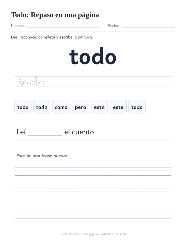 Ficha de la palabra frecuente «todo», repaso en una página para imprimir