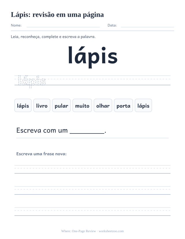 Prévia da palavra frequente “lápis”, revisão em uma página