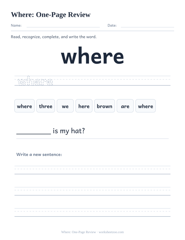Sight word “where” worksheet, one-page review printable activity