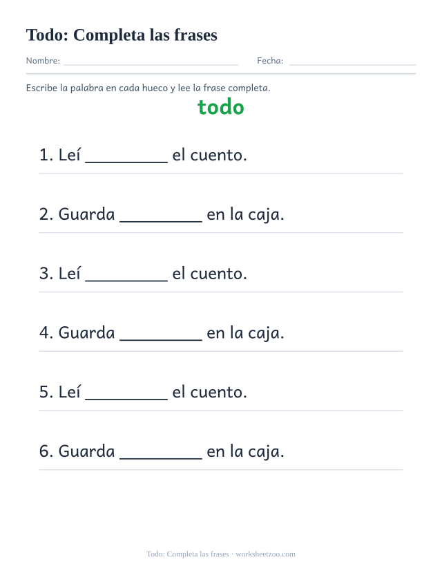 Ficha de la palabra frecuente «todo», completa las frases para imprimir