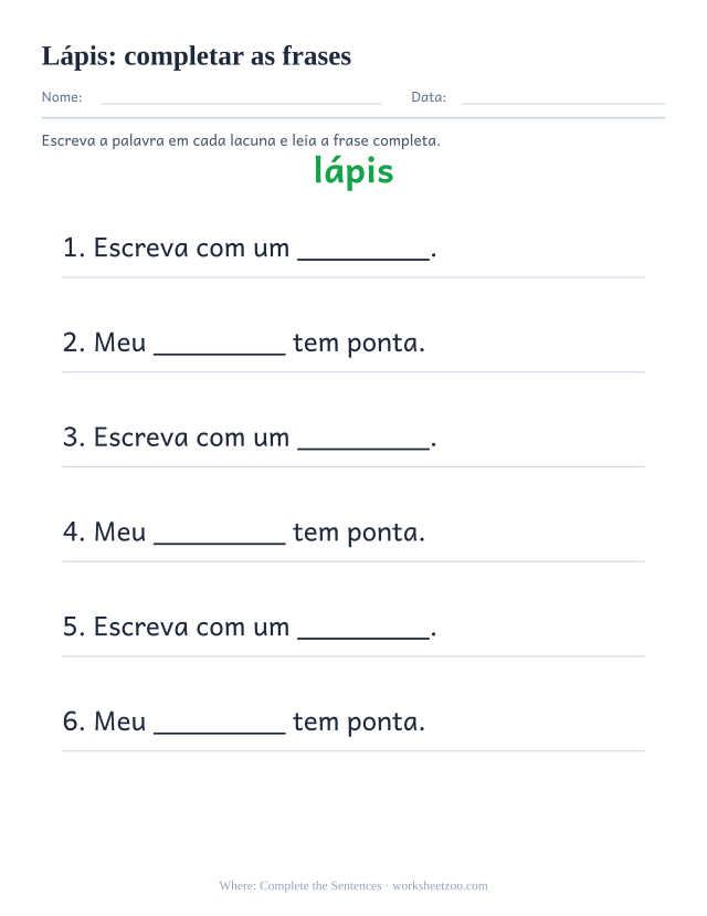 Prévia da palavra frequente “lápis”, completar as frases