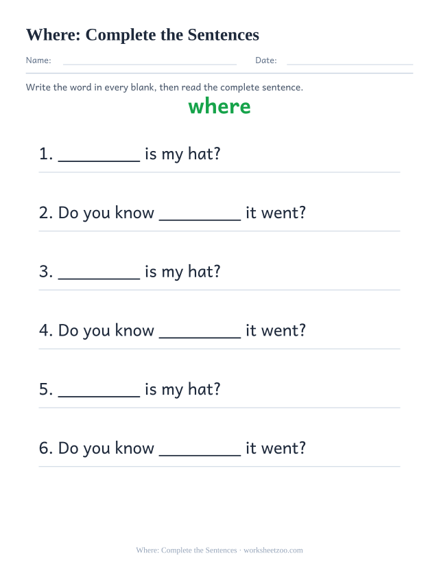 Sight word “where” worksheet, complete the sentences printable activity