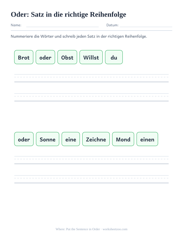 Vorschau: häufiges Wort „oder“, Satz in die richtige Reihenfolge