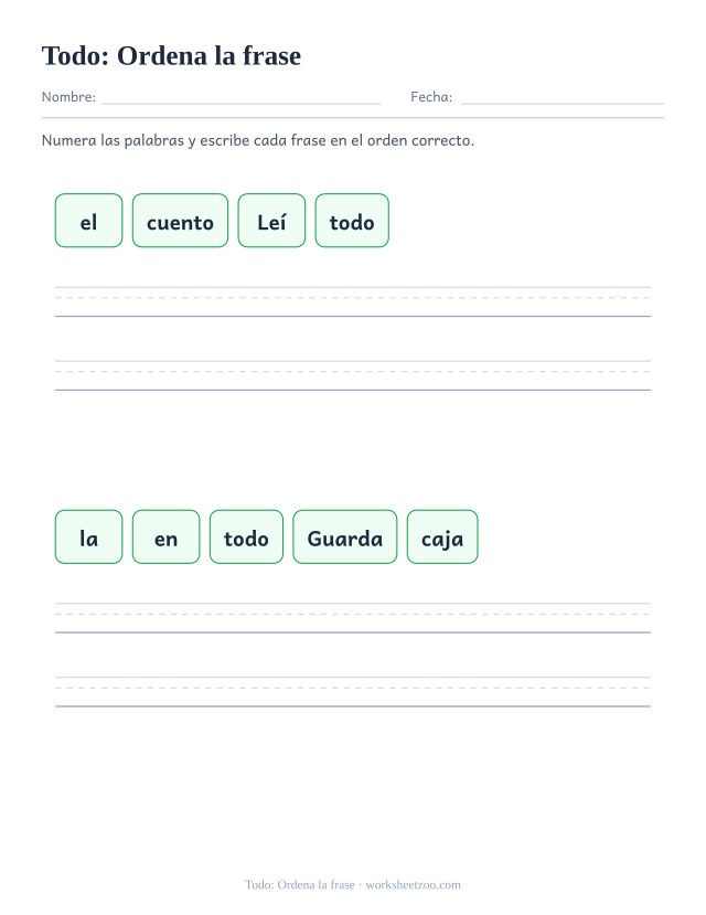 Ficha de la palabra frecuente «todo», ordena la frase para imprimir