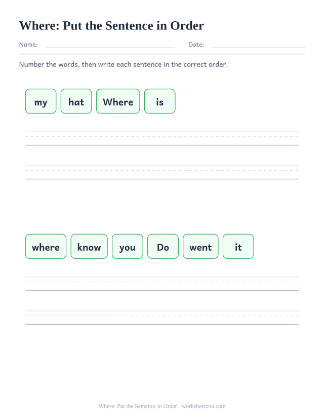 Sight word “where” worksheet, put the sentence in order printable activity