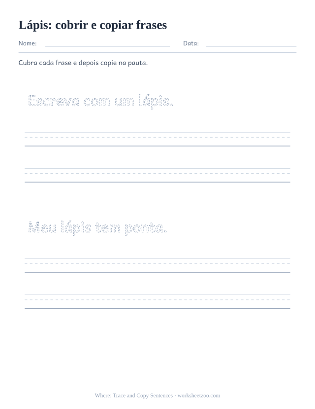 Prévia da palavra frequente “lápis”, cobrir e copiar frases