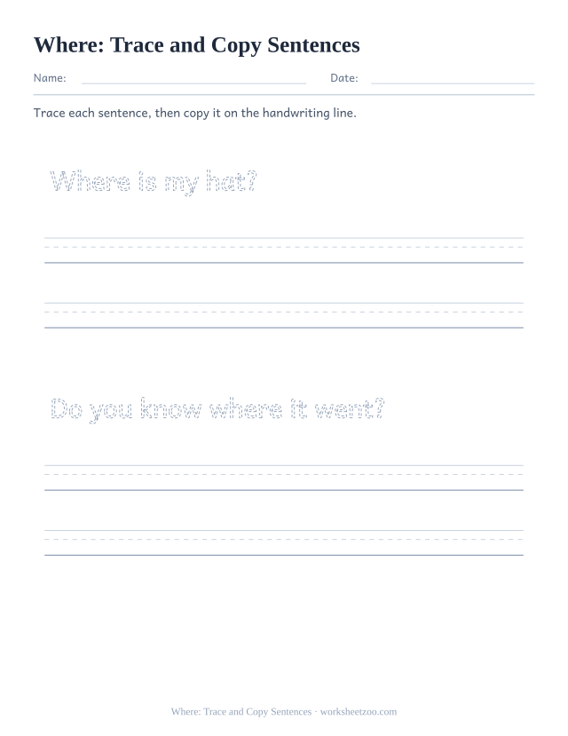 Sight word “where” worksheet, trace and copy sentences printable activity