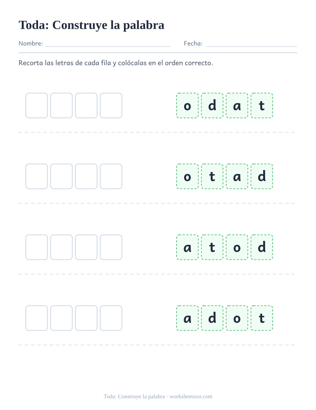 Ficha de la palabra frecuente «toda», construye la palabra para imprimir
