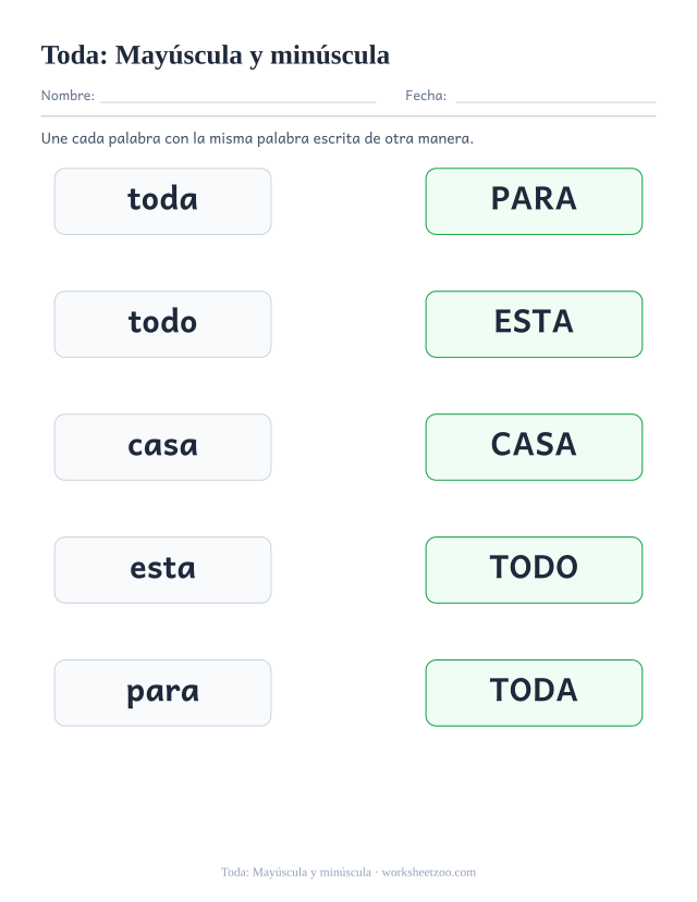 Ficha de la palabra frecuente «toda», mayúscula y minúscula para imprimir