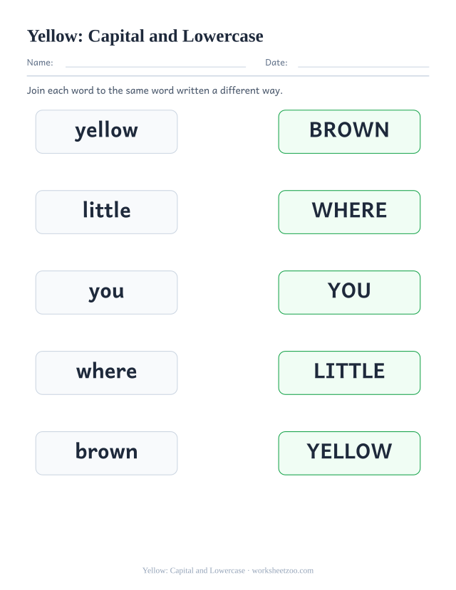 Sight word “yellow” worksheet, capital and lowercase printable activity