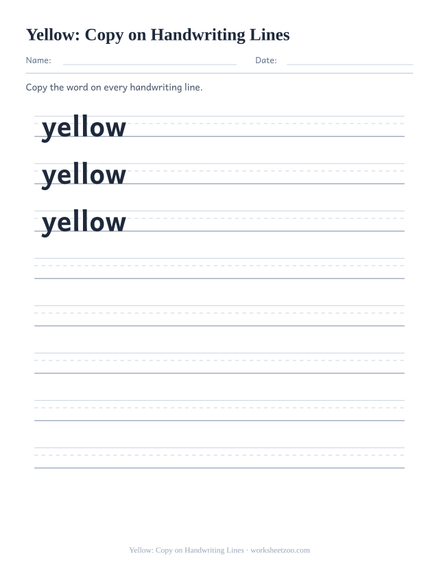 Sight word “yellow” worksheet, copy on handwriting lines printable activity