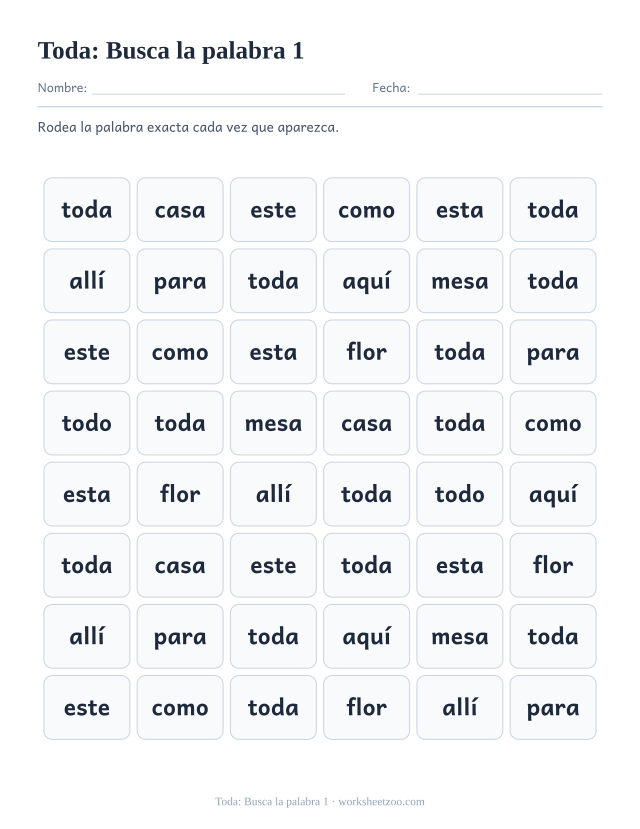 Ficha de la palabra frecuente «toda», busca la palabra 1 para imprimir