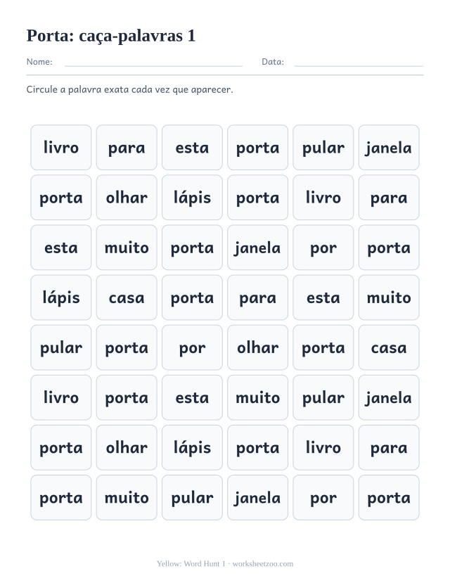 Prévia da palavra frequente “porta”, caça-palavras 1