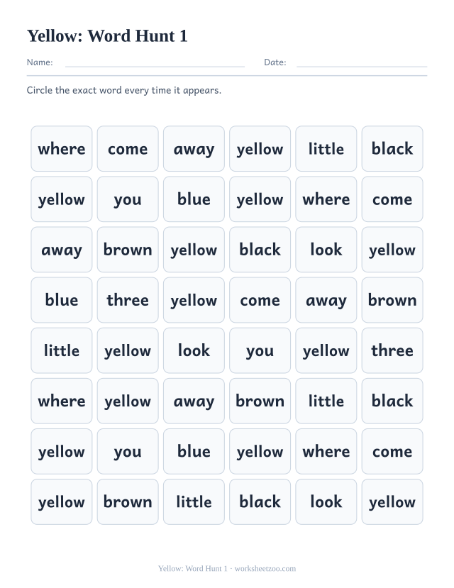Sight word “yellow” worksheet, word hunt 1 printable activity