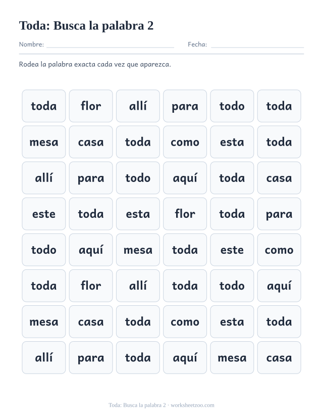 Ficha de la palabra frecuente «toda», busca la palabra 2 para imprimir