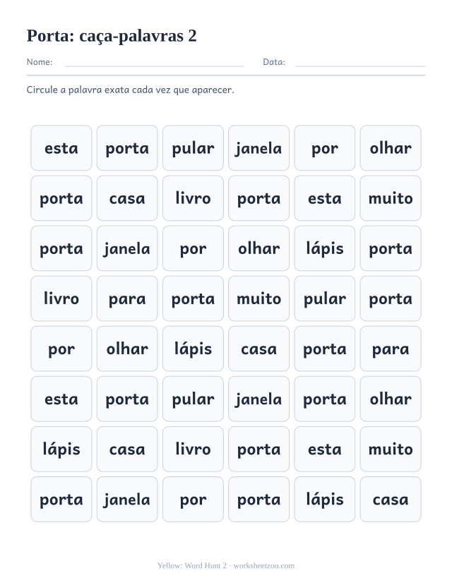 Prévia da palavra frequente “porta”, caça-palavras 2