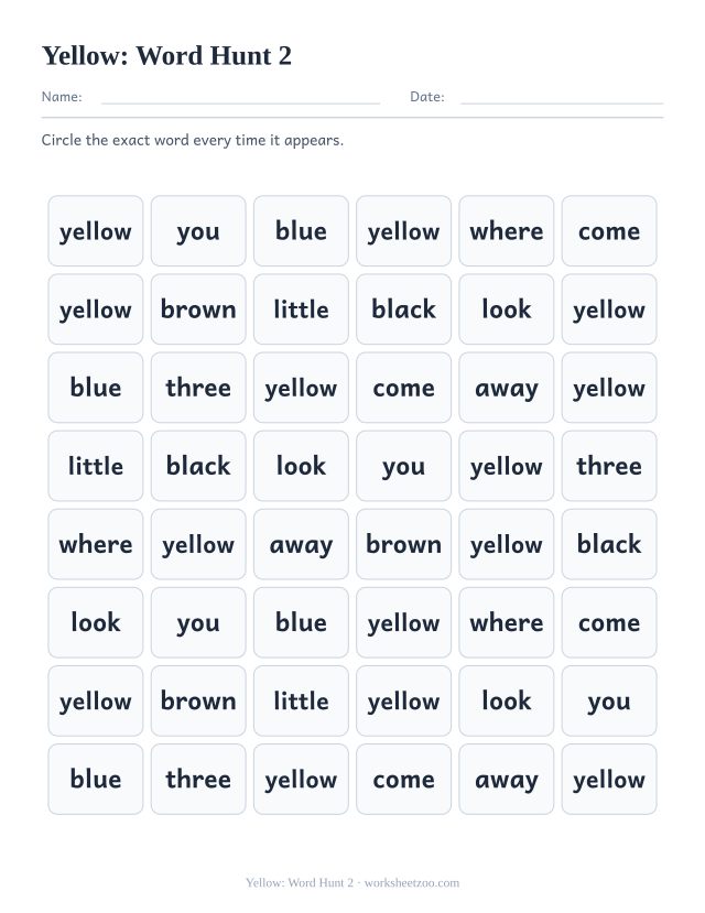 Sight word “yellow” worksheet, word hunt 2 printable activity