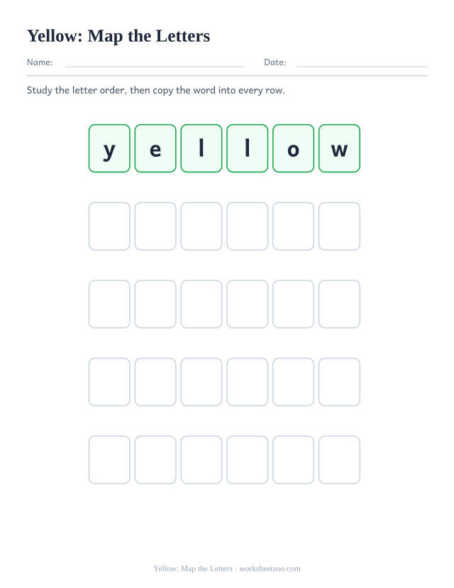 Sight word “yellow” worksheet, map the letters printable activity
