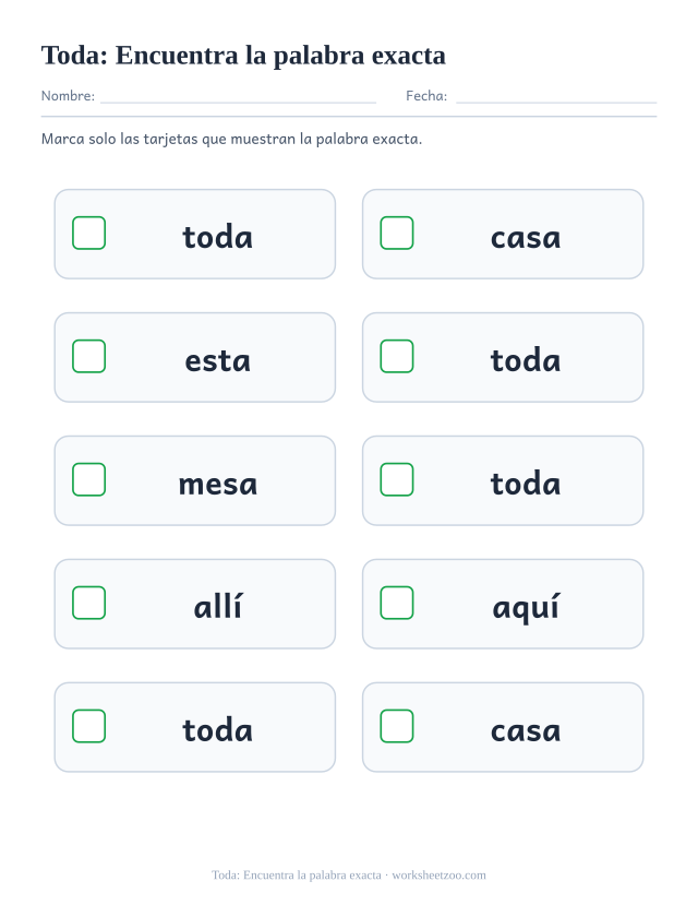 Ficha de la palabra frecuente «toda», encuentra la palabra exacta para imprimir