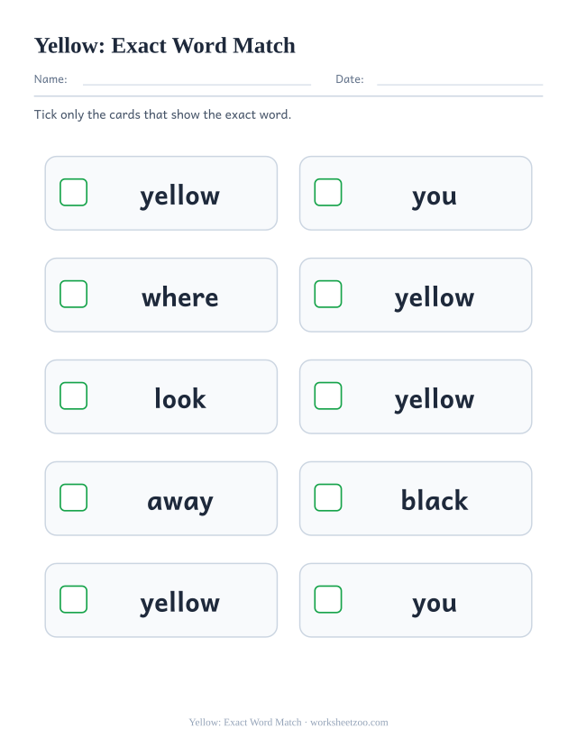 Sight word “yellow” worksheet, exact word match printable activity