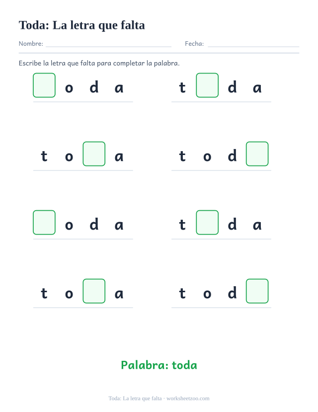 Ficha de la palabra frecuente «toda», la letra que falta para imprimir