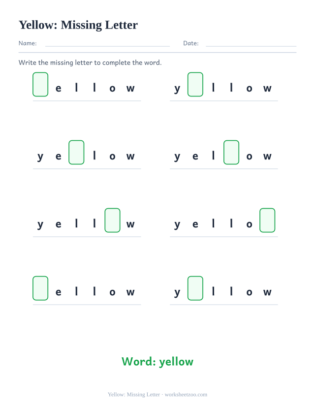 Sight word “yellow” worksheet, missing letter printable activity