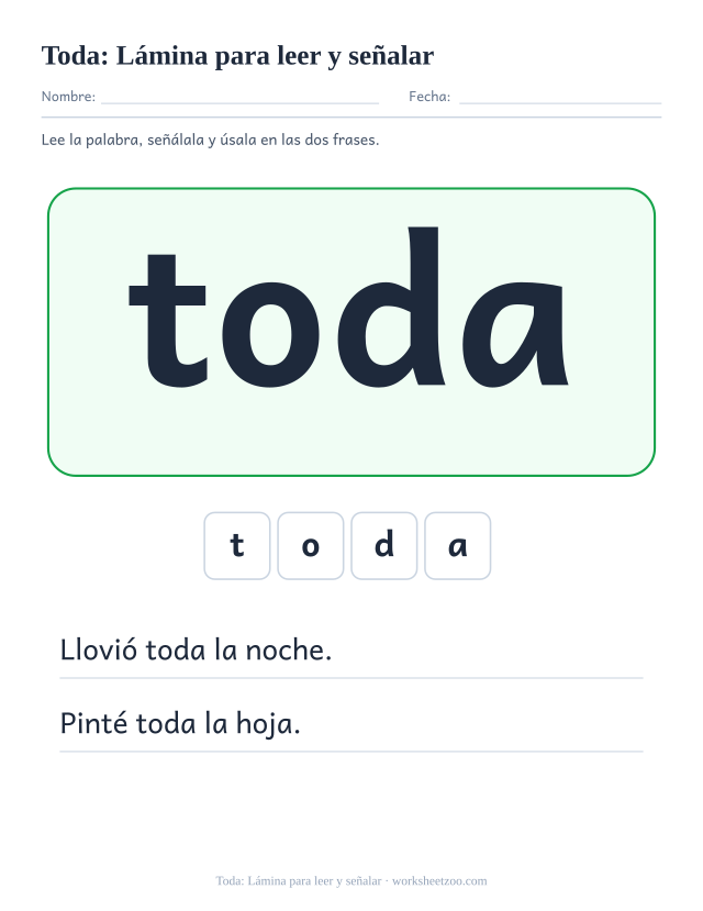 Ficha de la palabra frecuente «toda», lámina para leer y señalar para imprimir