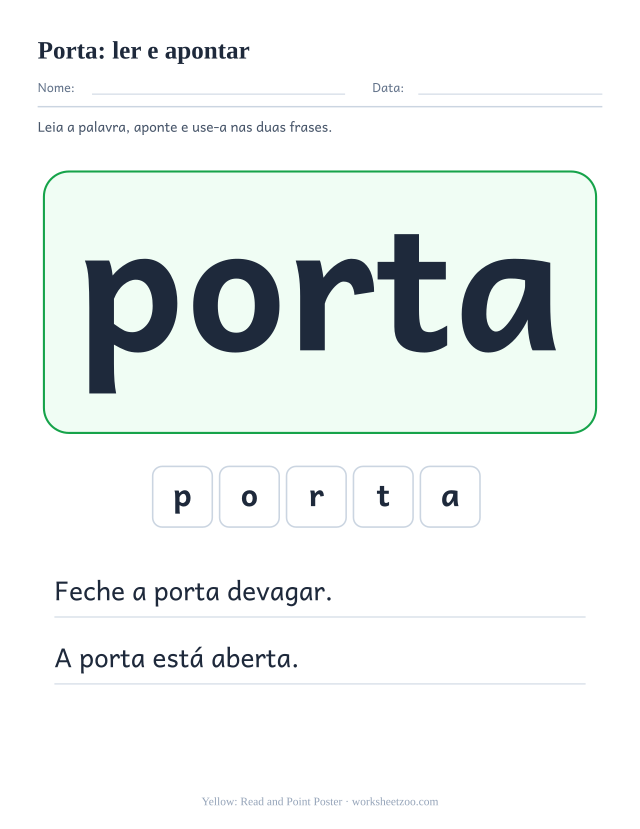 Prévia da palavra frequente “porta”, ler e apontar