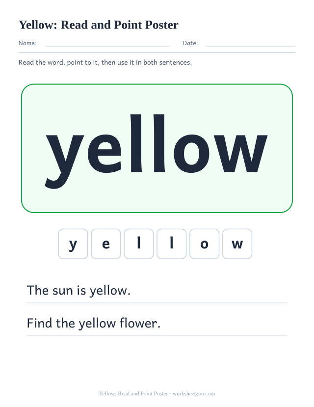 Sight word “yellow” worksheet, read and point poster printable activity