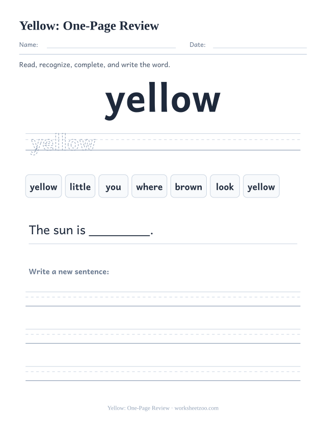 Sight word “yellow” worksheet, one-page review printable activity
