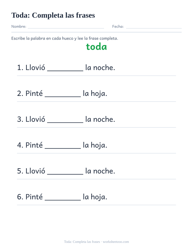 Ficha de la palabra frecuente «toda», completa las frases para imprimir