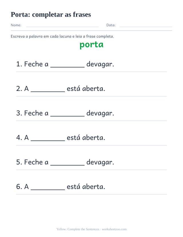 Prévia da palavra frequente “porta”, completar as frases
