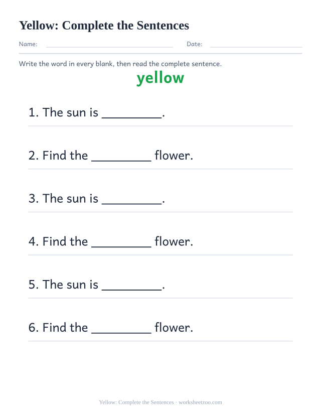 Sight word “yellow” worksheet, complete the sentences printable activity