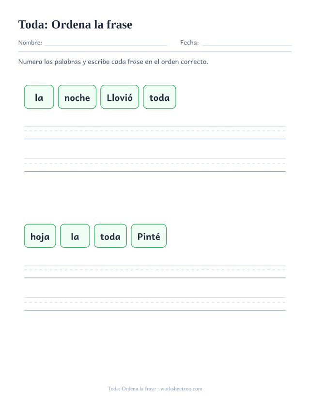 Ficha de la palabra frecuente «toda», ordena la frase para imprimir