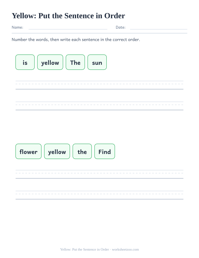 Sight word “yellow” worksheet, put the sentence in order printable activity