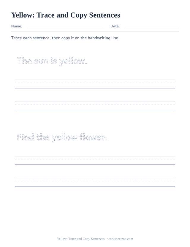 Sight word “yellow” worksheet, trace and copy sentences printable activity