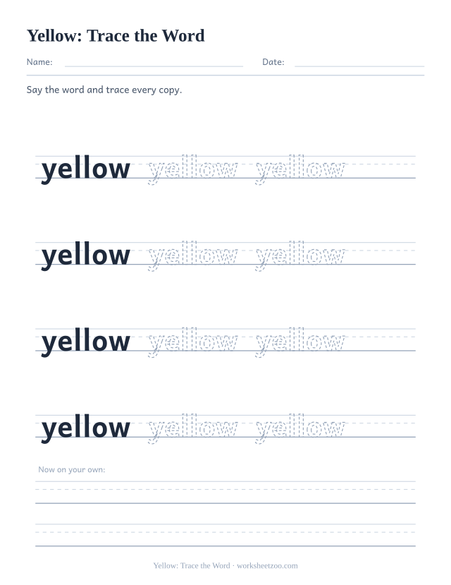 Sight word “yellow” worksheet, trace the word printable activity