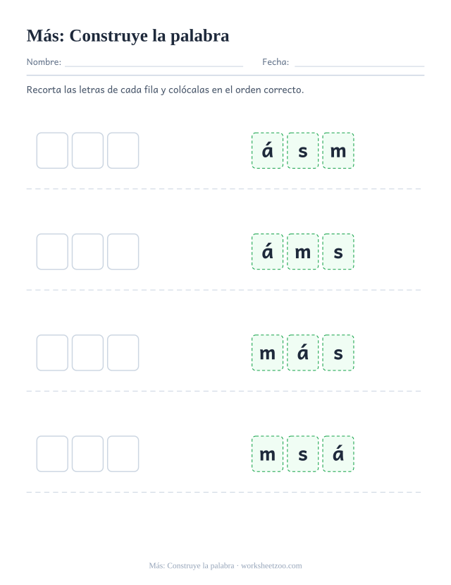 Ficha de la palabra frecuente «más», construye la palabra para imprimir