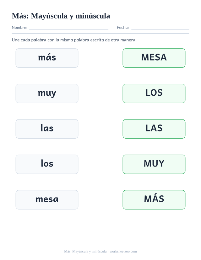 Ficha de la palabra frecuente «más», mayúscula y minúscula para imprimir