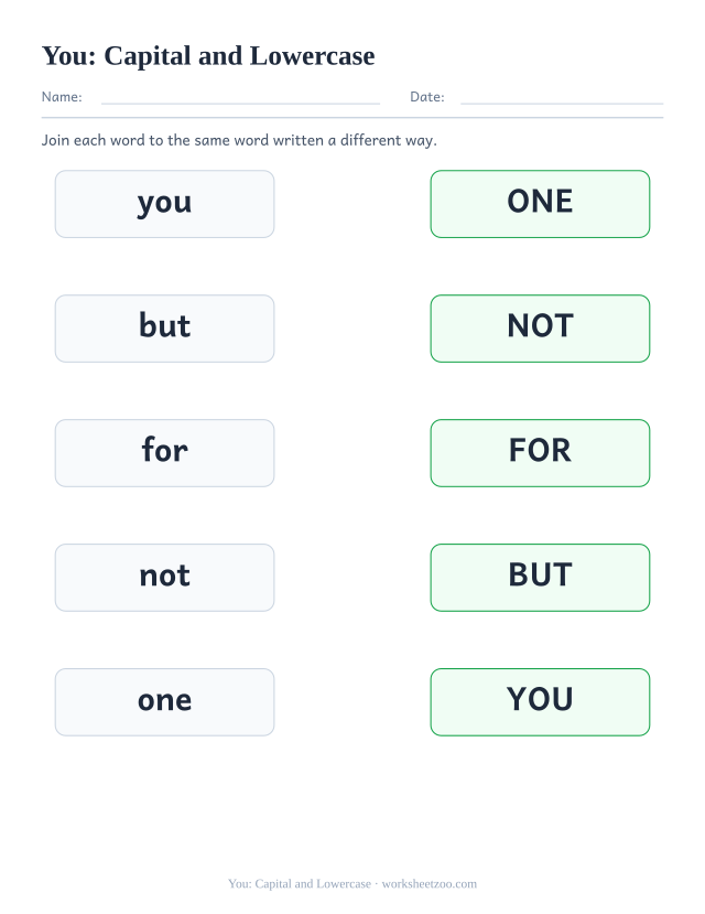 Sight word “you” worksheet, capital and lowercase printable activity
