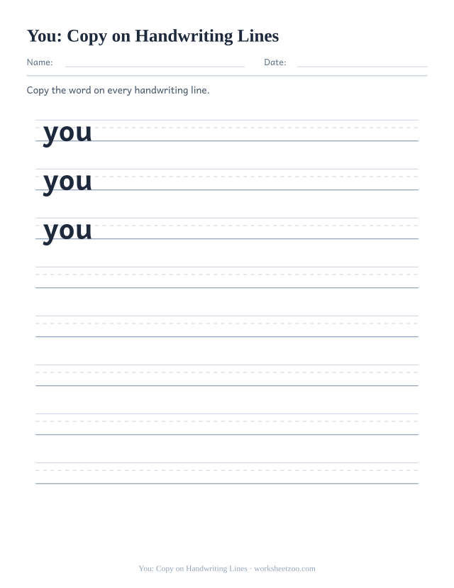 Sight word “you” worksheet, copy on handwriting lines printable activity